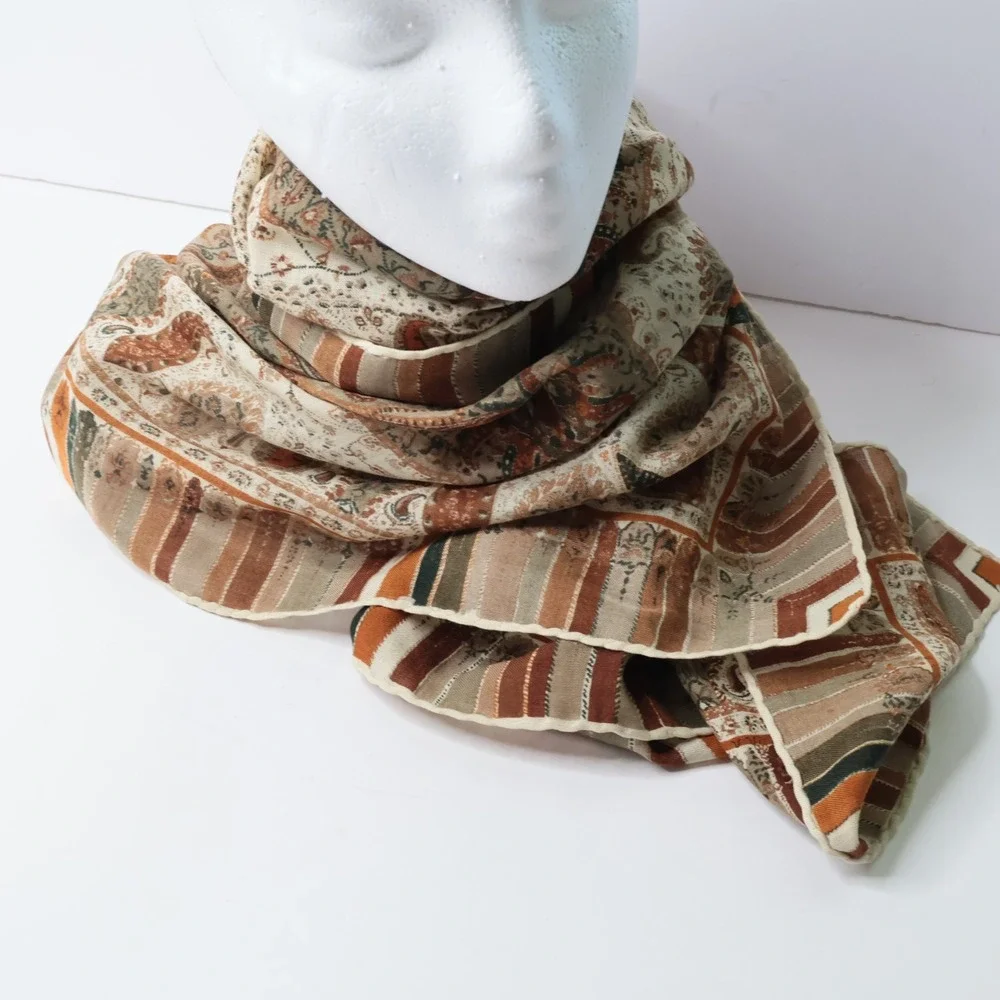 Vintage Paisley Square Scarf Earth Tones Brown Tan Orange Boho 34x34